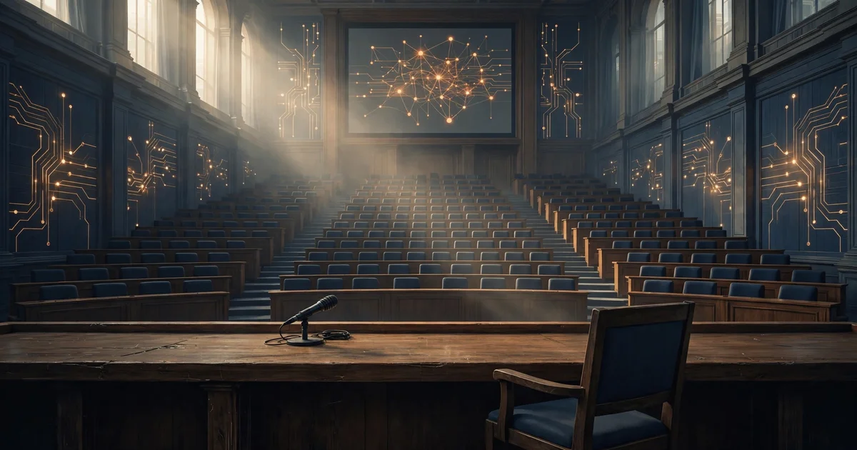 A witness table and microphone before a grand city council chamber, with glowing circuit patterns on the walls