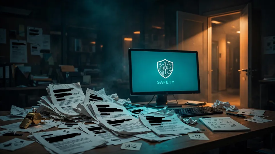 A whistle and redacted documents on a desk at night, the office door standing open