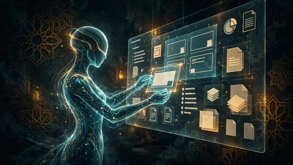 Illustration of an AI agent assembling a presentation deck with Arabic-language motifs