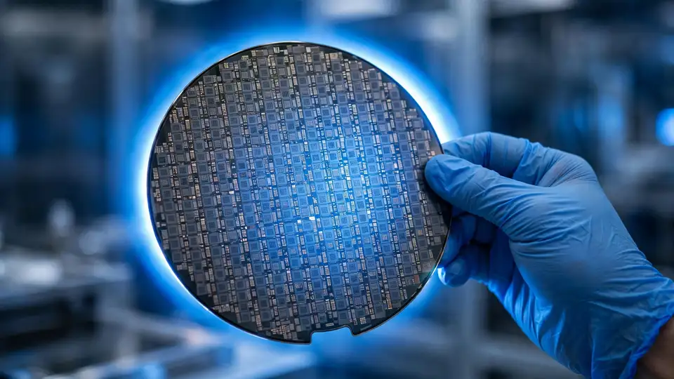 Silicon wafers with finished microchip dies held up to the light