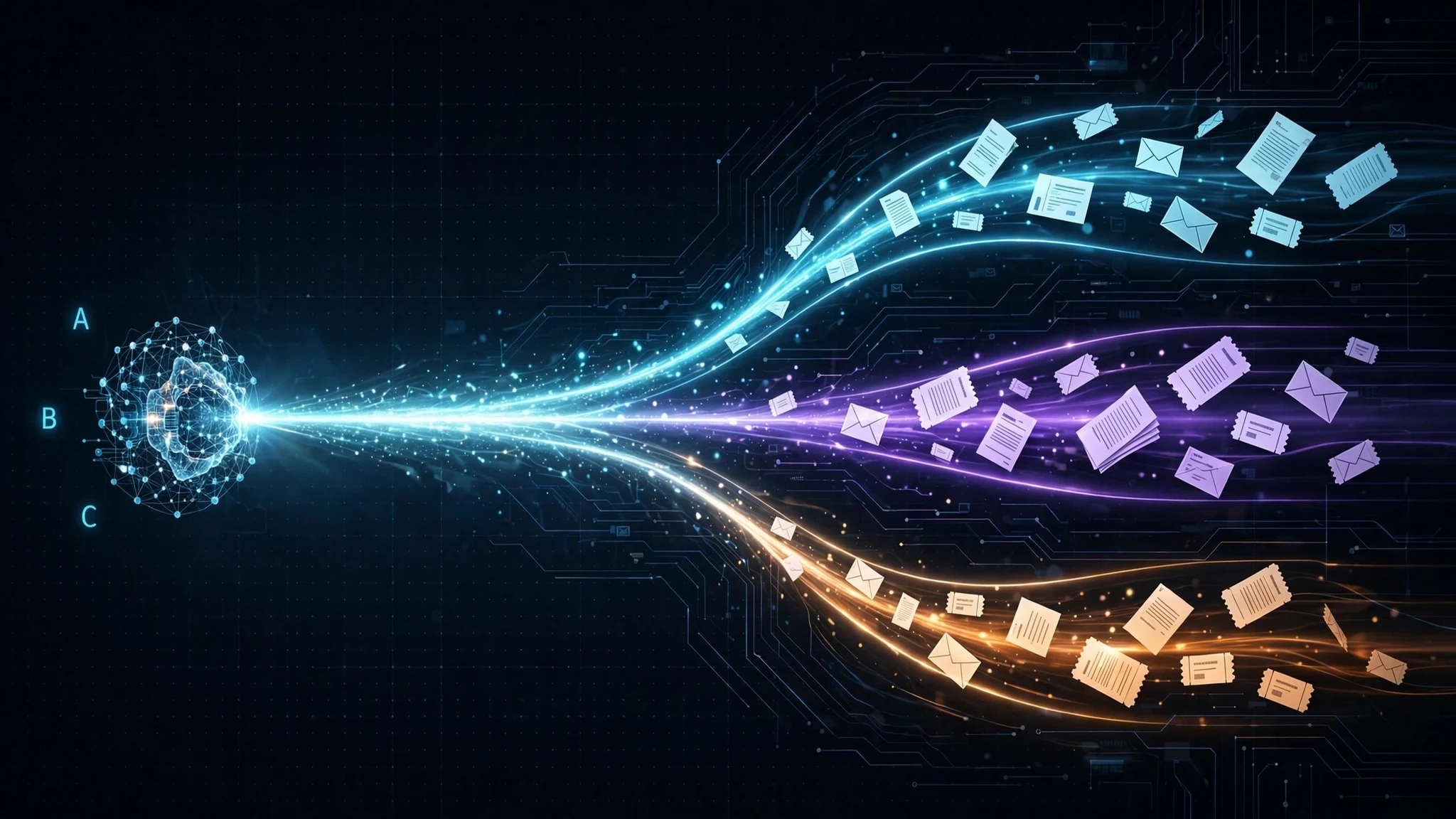Editorial illustration: a small glowing neural core labeled A, B, C emitting a decision beam that routes streams of tickets and documents into colored lanes