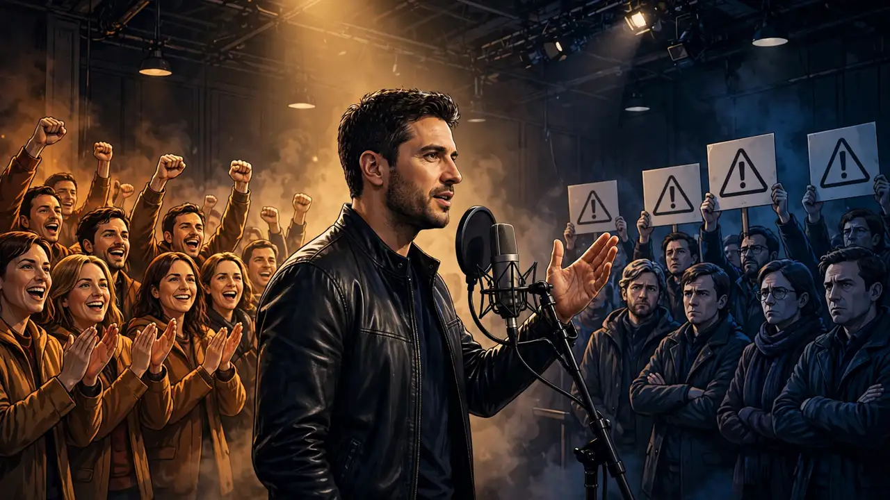 Illustration of a speaker at a microphone facing a divided crowd: supporters cheering on one side, skeptics holding warning placards on the other