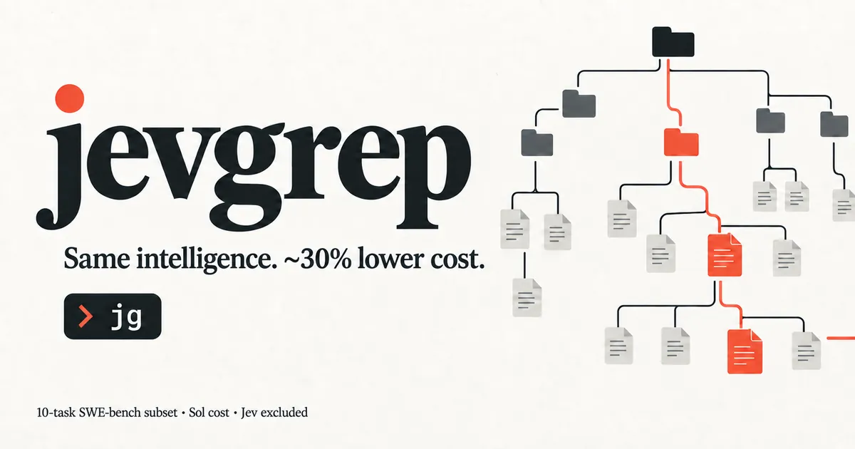 jevgrep project artwork: the wordmark over a folder tree with the relevant files highlighted in orange and connected to code excerpts