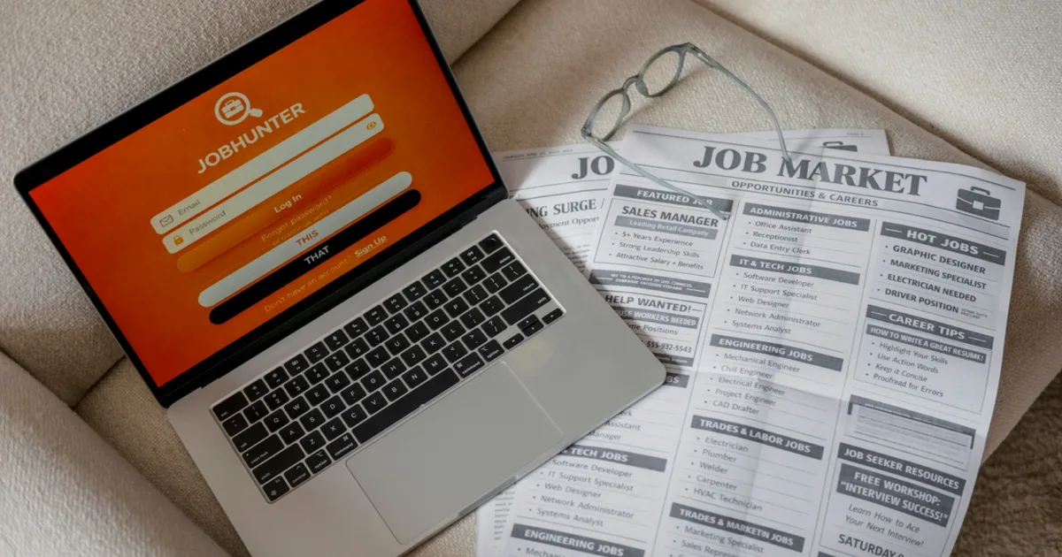 A job seeker searching job listings on a laptop
