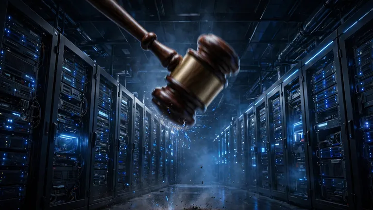 A gavel before glowing data-center servers