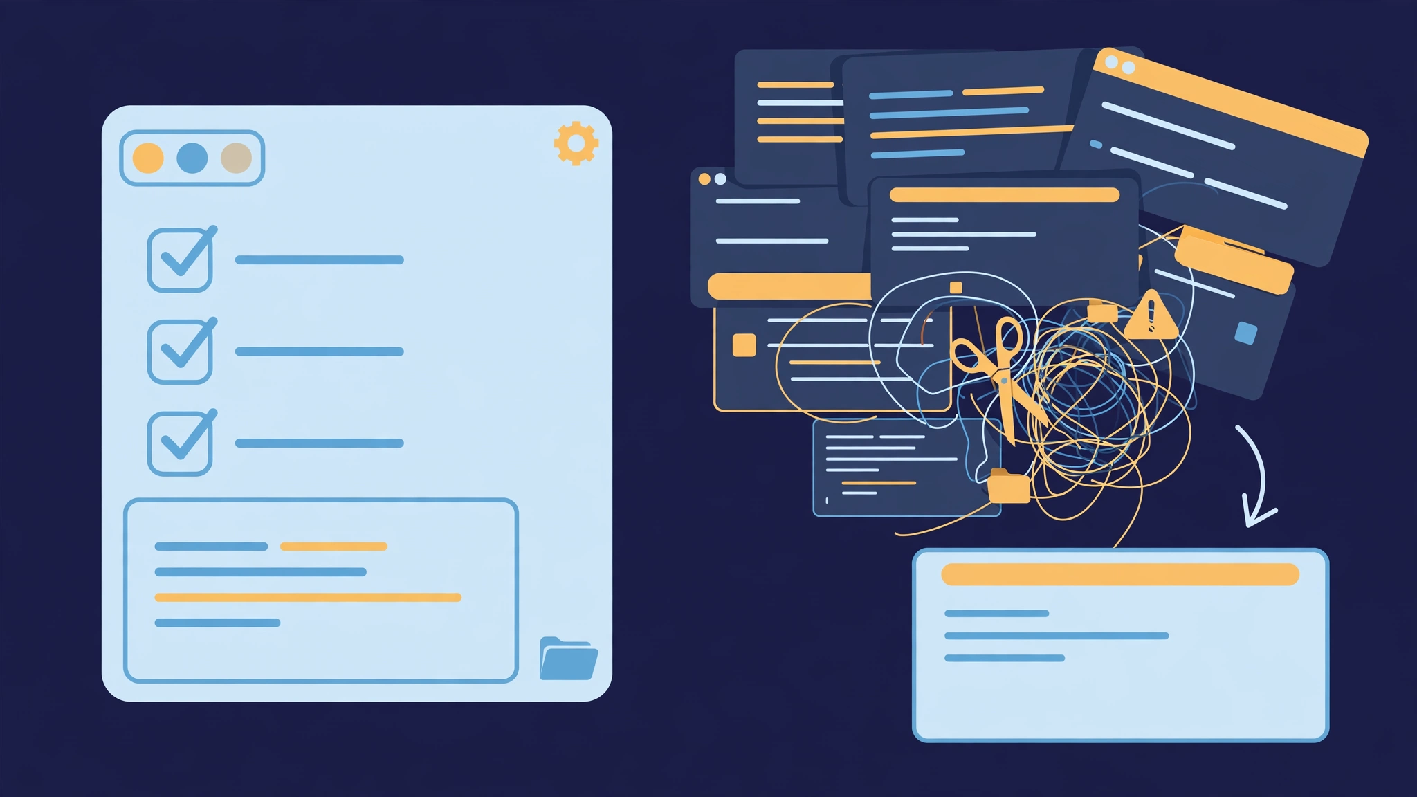 A tidy checklist workspace beside a tangled pile of code panels being trimmed to a single clean panel