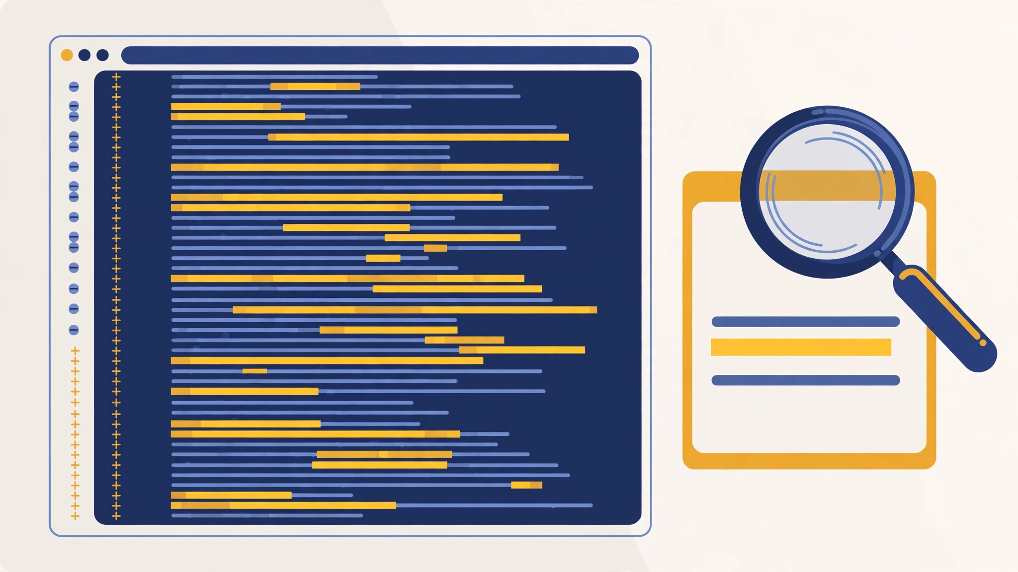 A sprawling code diff beside a tiny focused change examined under a magnifying glass