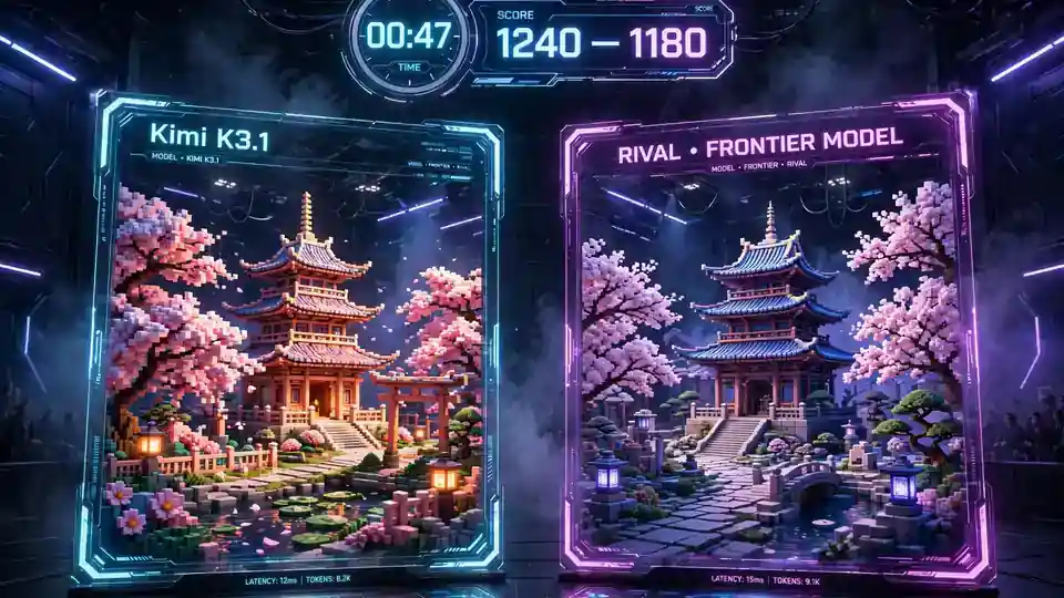 Head-to-head AI model arena battle between Kimi K3.1 and a rival frontier model, each rendering a 3D voxel pagoda courtyard with cherry blossoms