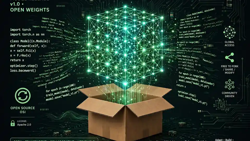 Glowing cube of neural network model weights emerging from an open box, with streams of code flowing outward