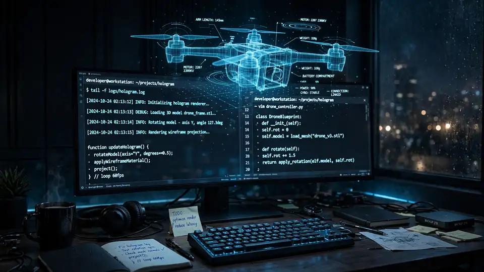 AI coding agent working in a terminal with a holographic 3D model