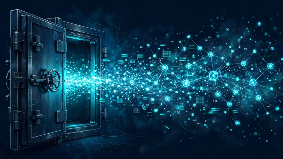 Glowing neural-network weights flowing out of an open vault