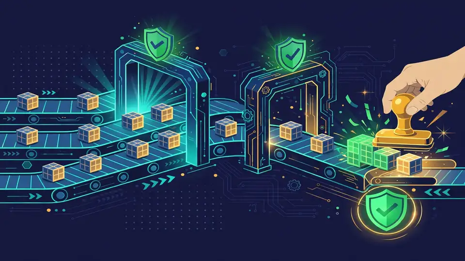 Code blocks flowing through verification gates in a deterministic testing pipeline.