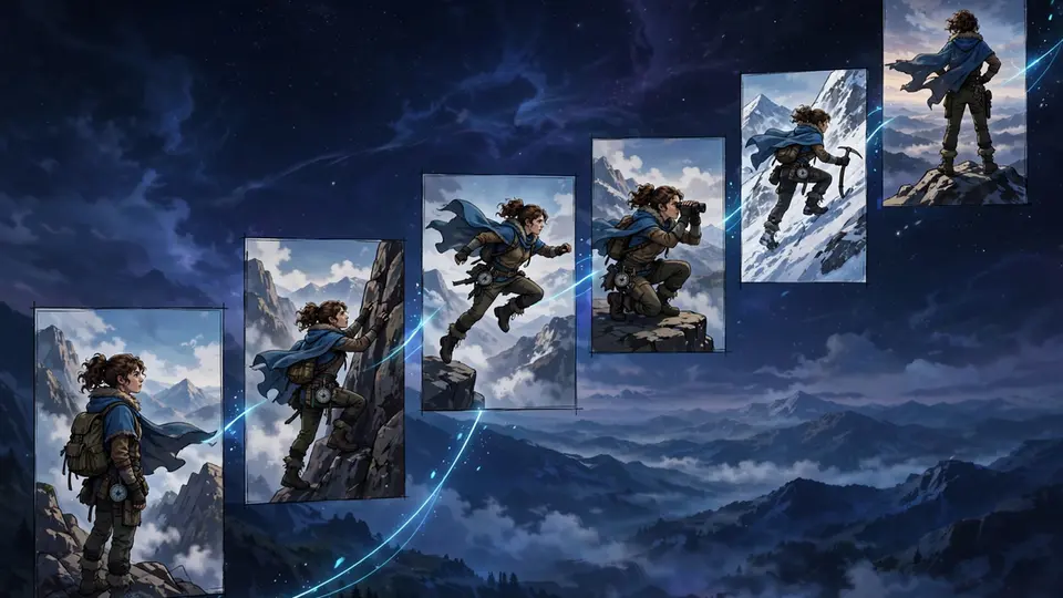 Storyboard keyframe panels connected by a glowing line across a mountain landscape