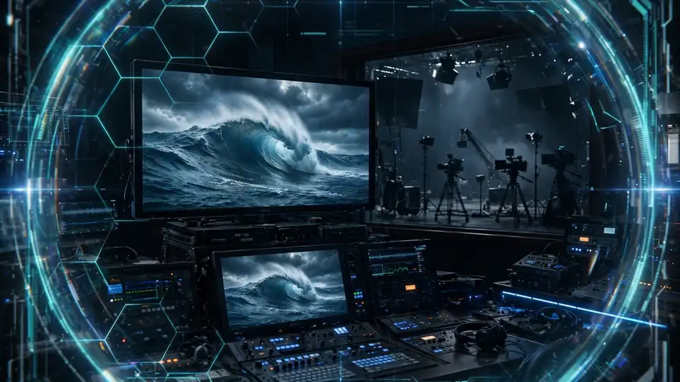 A director's monitor in a dark studio control room showing a dramatic ocean wave scene