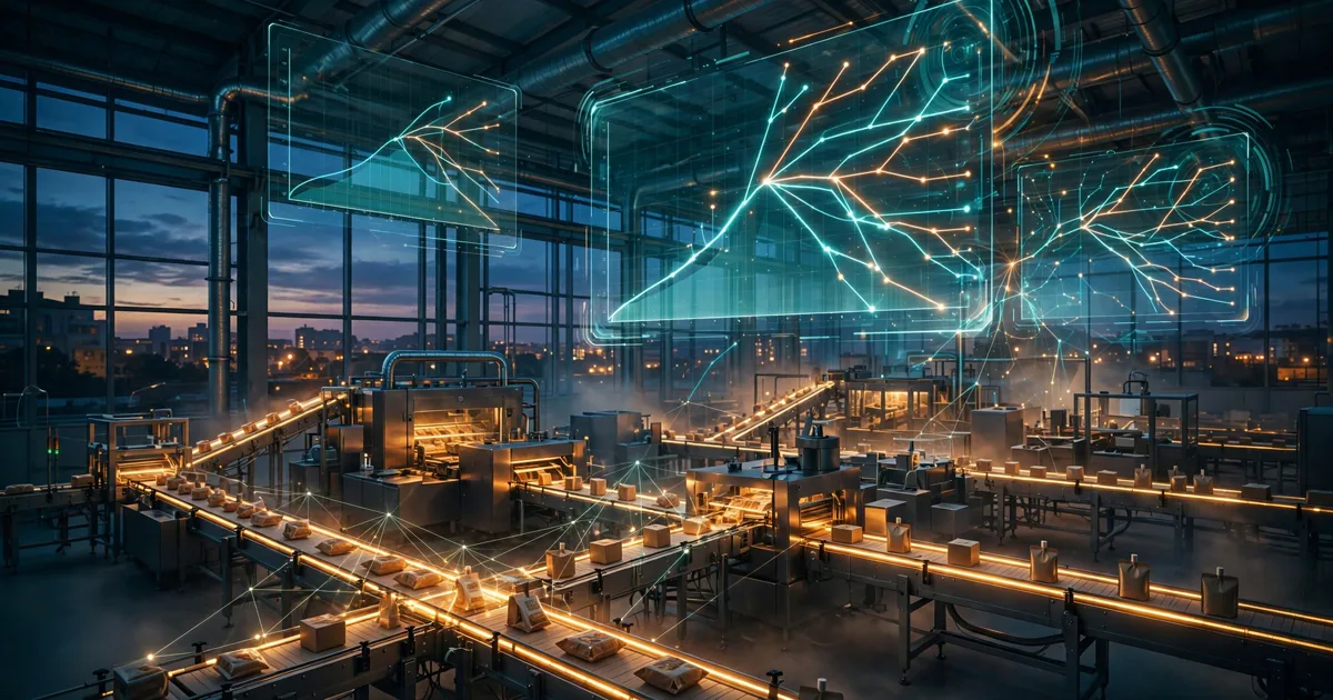 Editorial illustration: a modern food manufacturing plant at dusk with holographic price-forecast simulations branching into the future above the production lines