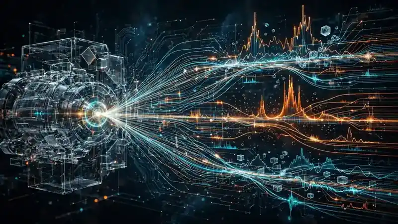 Editorial illustration: a simulation engine visualization where one decision splits into hundreds of glowing future timelines showing supply chain shocks and margin curves
