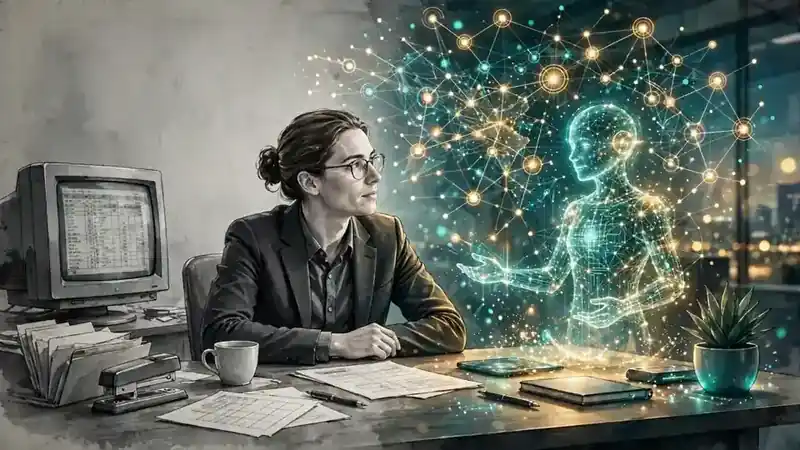 Editorial illustration: a procurement desk split between a fading monochrome spreadsheet and a vivid AI hologram projecting a live decision ledger and price driver network