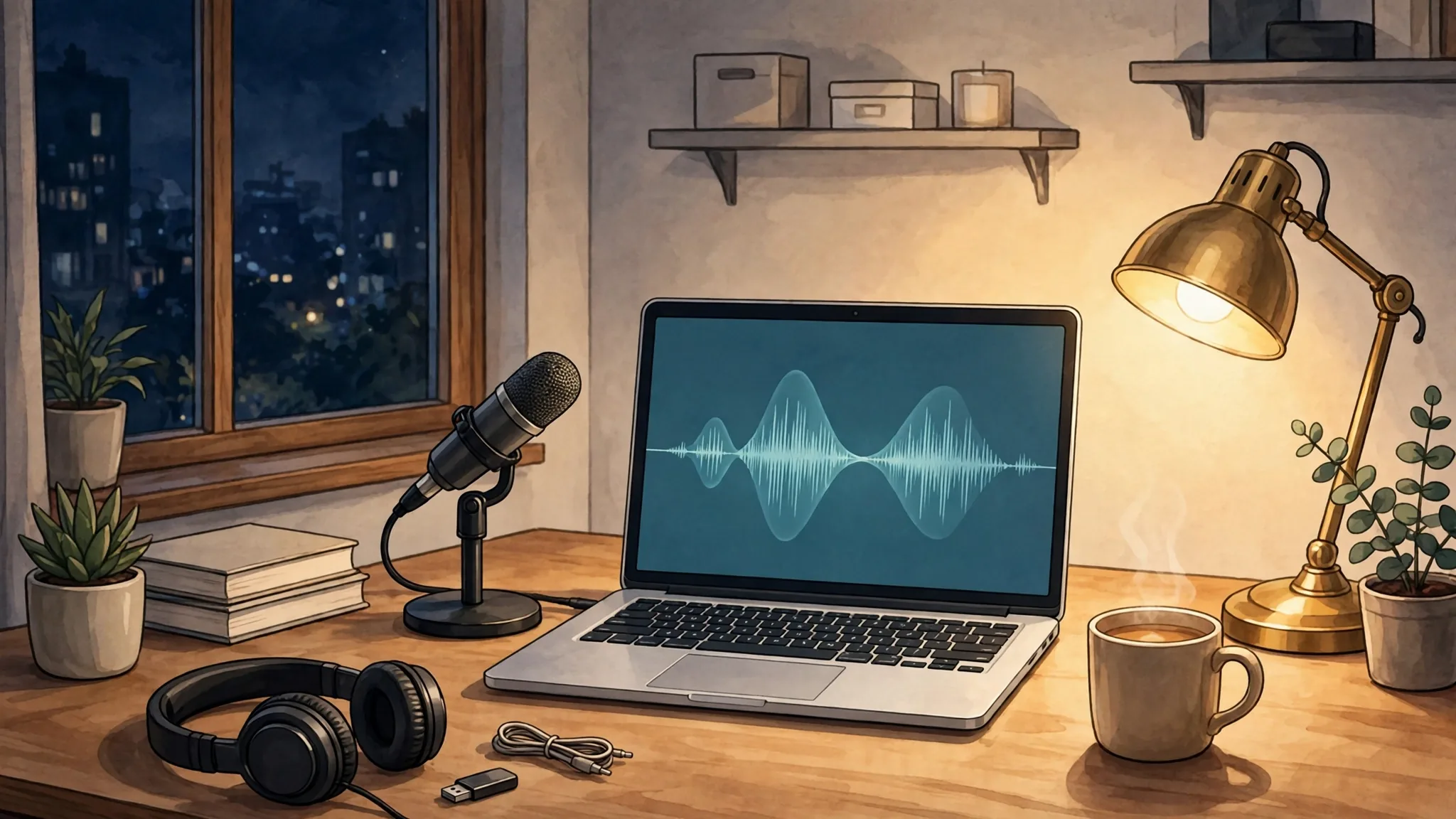 A home narration studio at night: a laptop showing a sound waveform, a microphone, and headphones on a desk