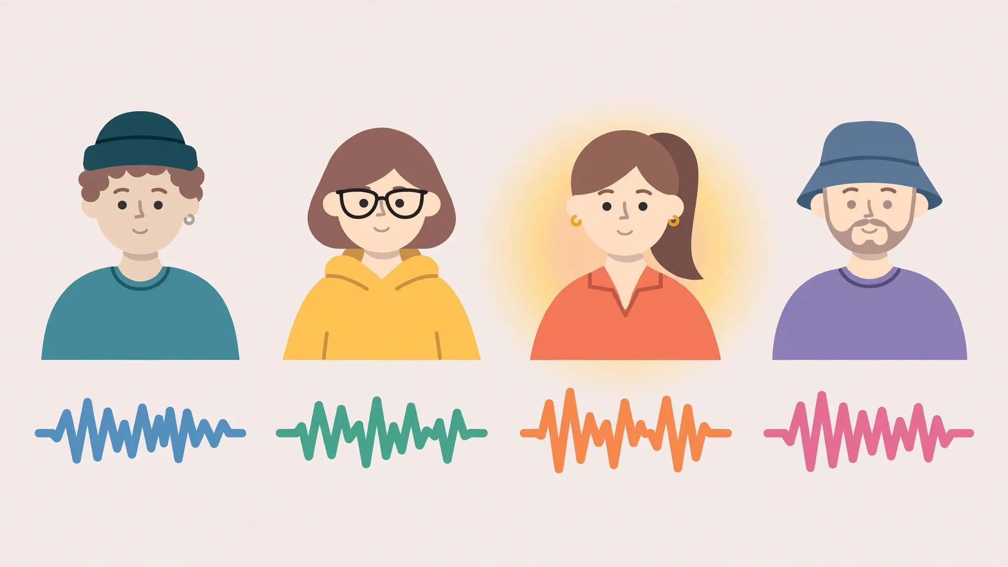 Four illustrated narrator portraits, each with a different coloured waveform, one highlighted