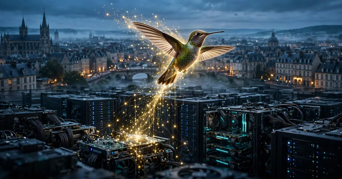 A glowing hummingbird leaving trails of data particles over a European city skyline at dusk