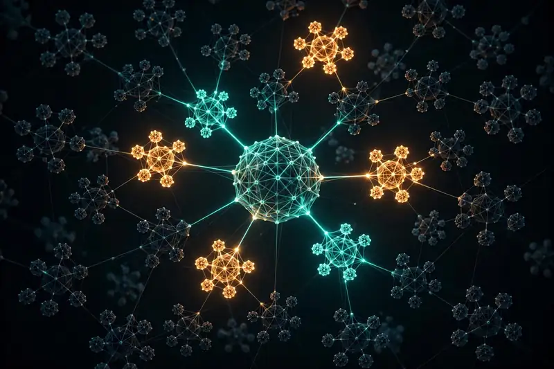 Visualization of a mixture-of-experts neural network with only a few glowing expert clusters active