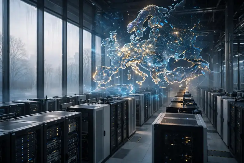 A European data center hall with a glowing holographic outline of Europe above the server racks