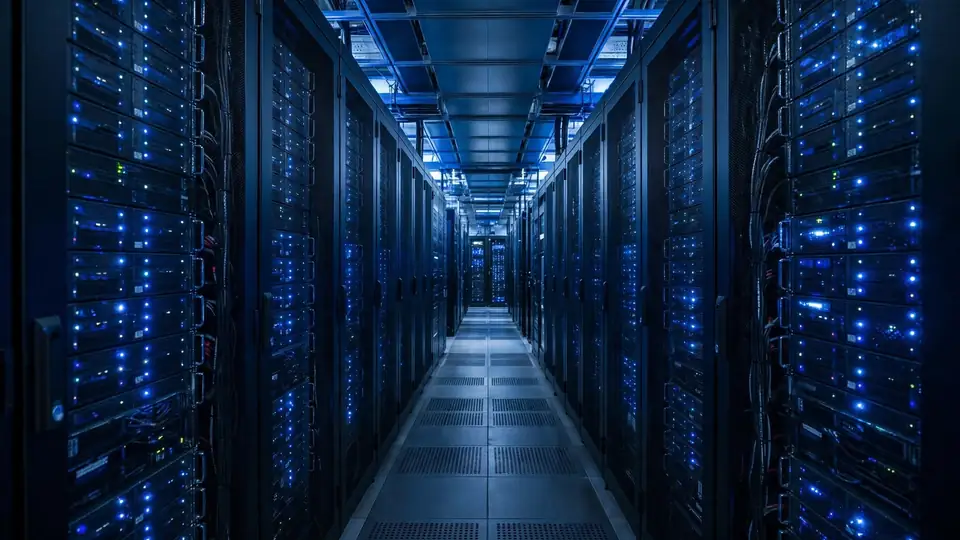 Server racks in a modern data center hallway