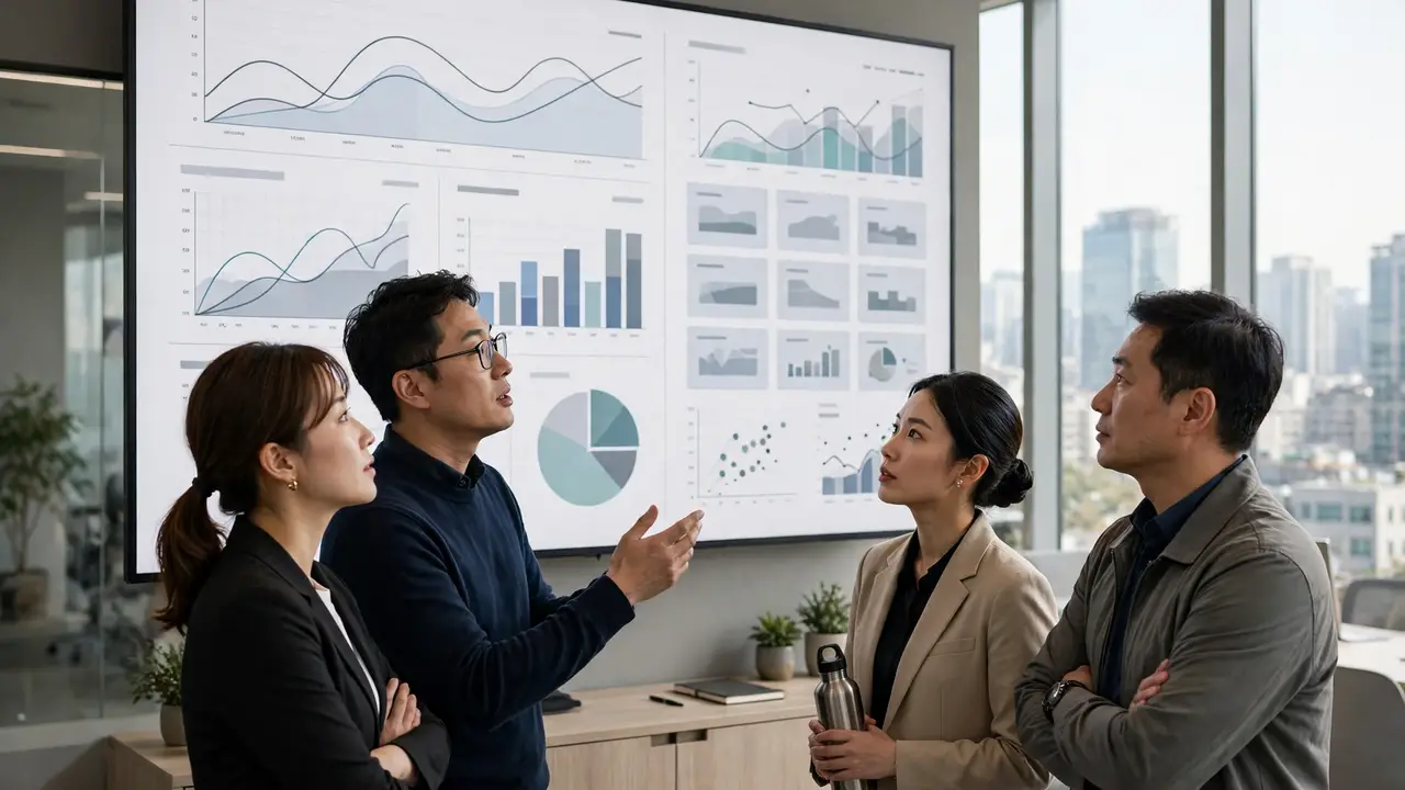 A corporate team reviewing AI model dashboards in a modern office