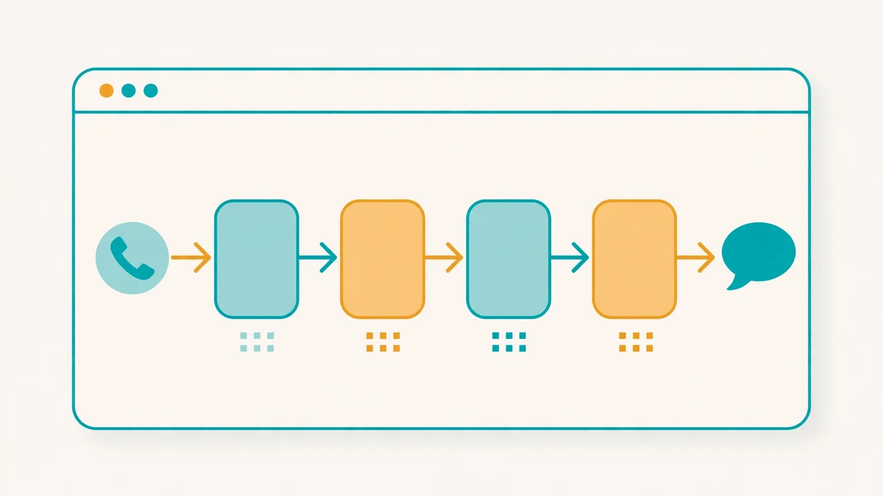 Illustration of a flow diagram of connected boxes, like a drag-and-drop agent builder