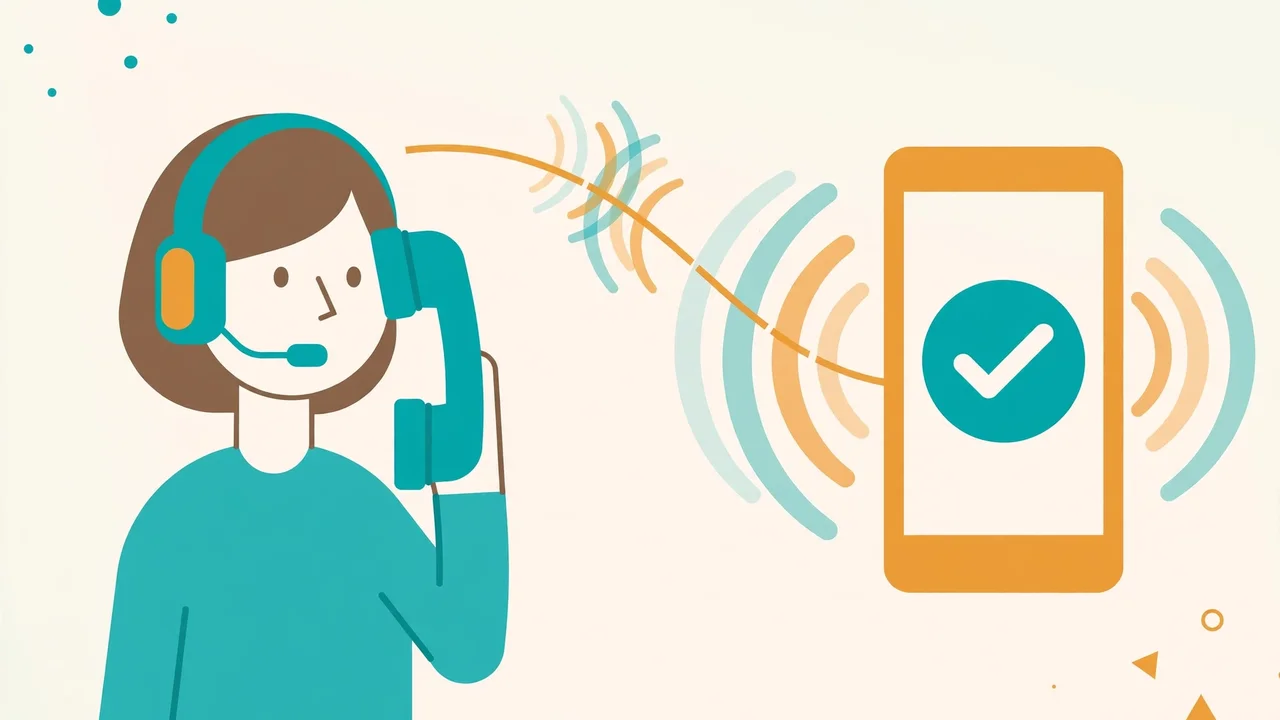 Illustration of two telephones connected by sound waves, one with a checkmark