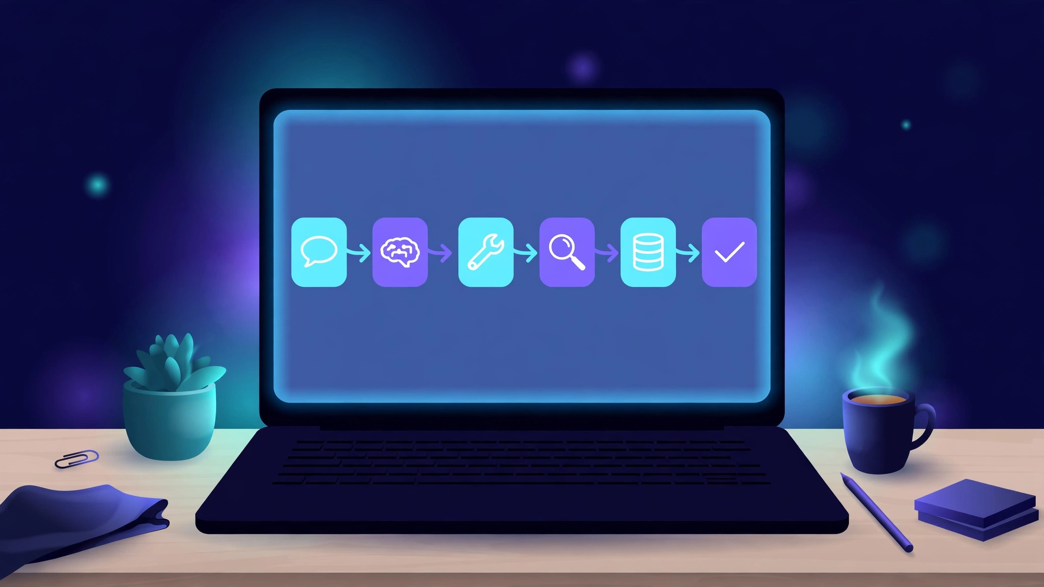 A laptop running a small AI agent drawn as a graph of connected nodes, with tool boxes for a calculator and notes
