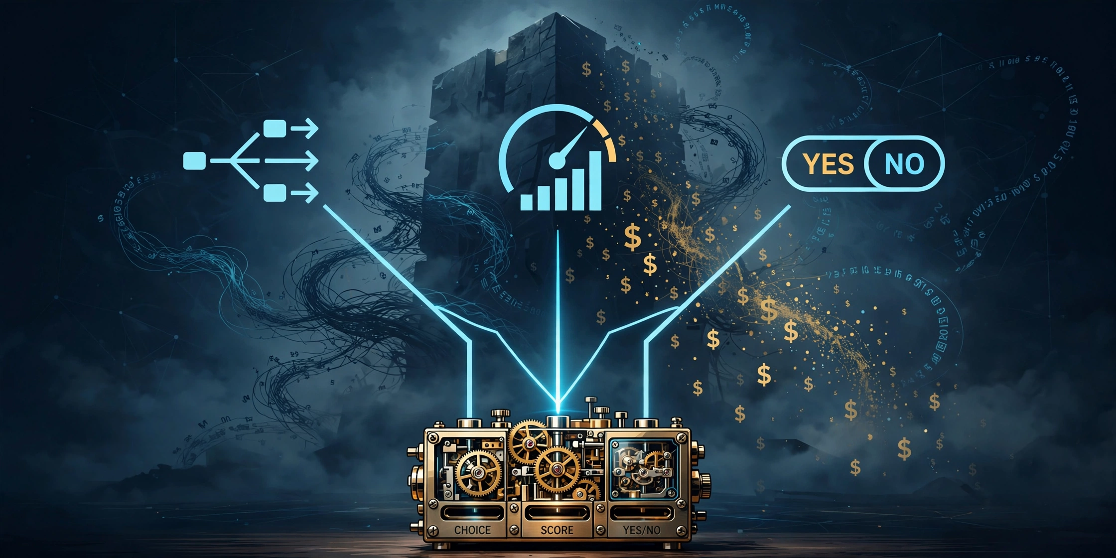 Editorial illustration: a small precise clockwork decision engine with CHOICE, SCORE and YES/NO output slots facing down a looming, expensive LLM monolith