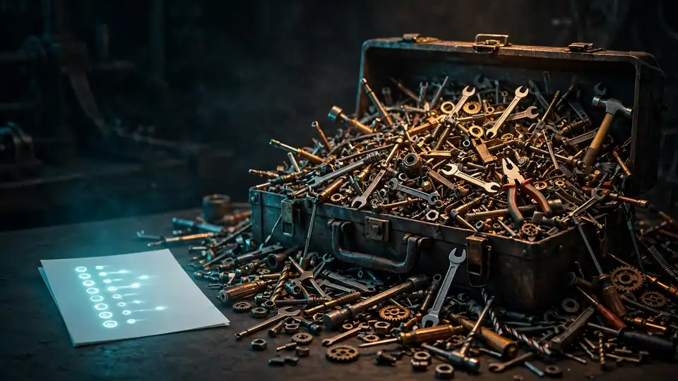 A single sheet of paper beside a large overflowing toolbox