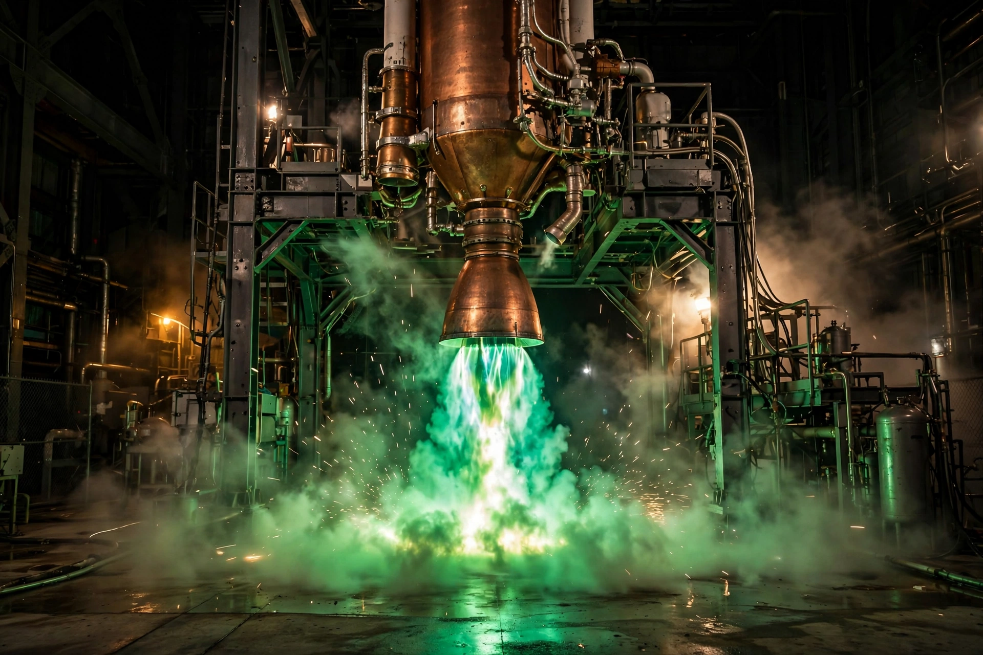 Illustration of a copper rocket engine hot-fire test on a test stand, with a vivid green-tinted exhaust plume