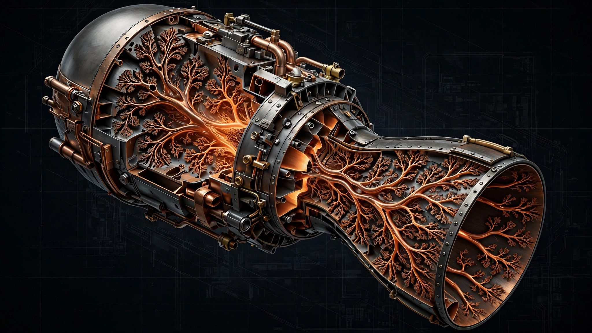 Illustrated thumbnail: cross-section of a rocket engine nozzle with organic, vein-like internal cooling channels