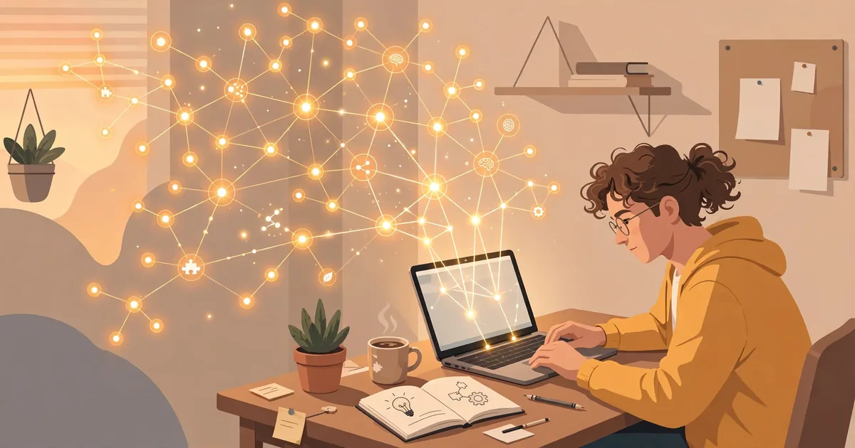 A student at a laptop with a glowing knowledge graph of connected ideas branching above it