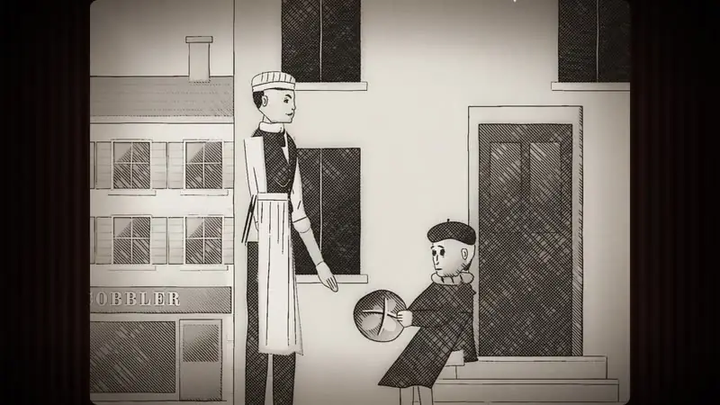 A black-and-white silent-film style frame rendered entirely in code