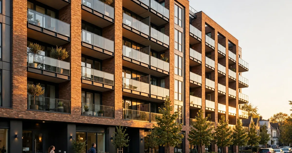 Modern residential apartment building exterior at golden hour