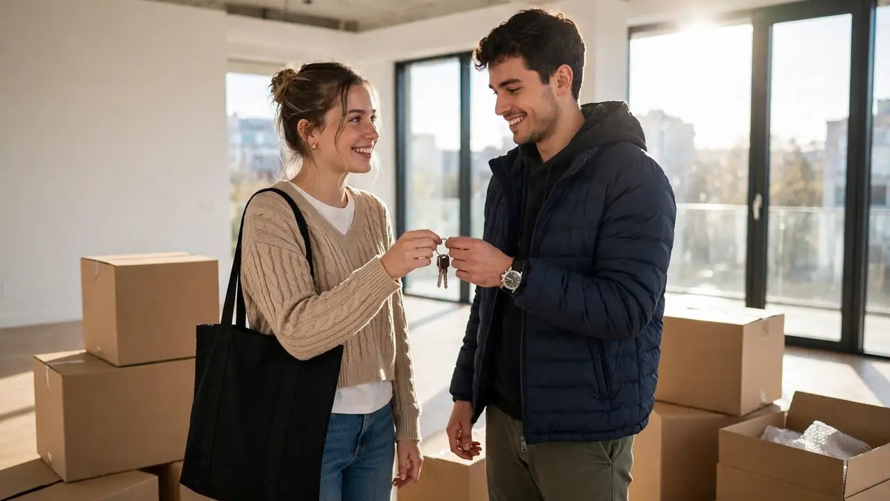 A young couple receiving apartment keys and moving boxes in a bright unfurnished flat