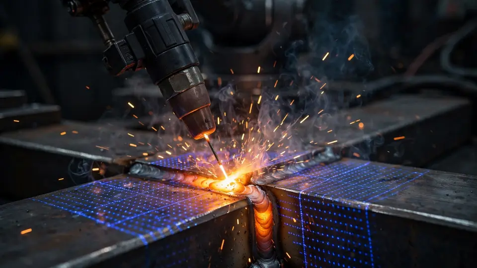 A welding cobot torch with a blue scanner light projecting a scan pattern onto a steel joint