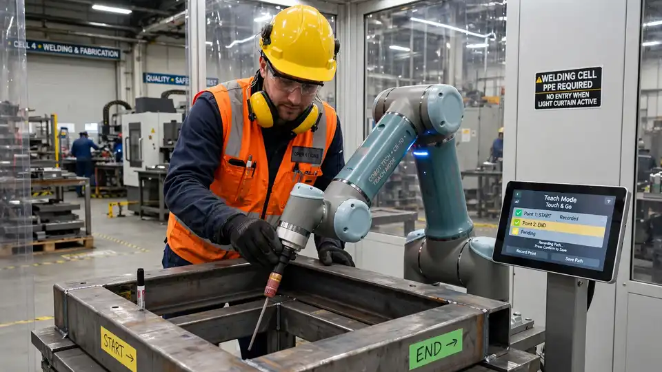 A factory worker guiding a collaborative welding robot arm by hand at the start of a weld