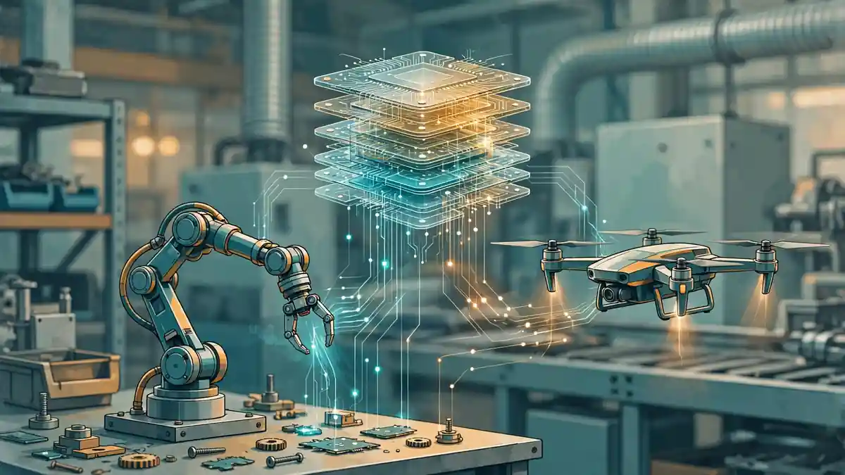 A robot arm and a drone guided by a small on-device AI