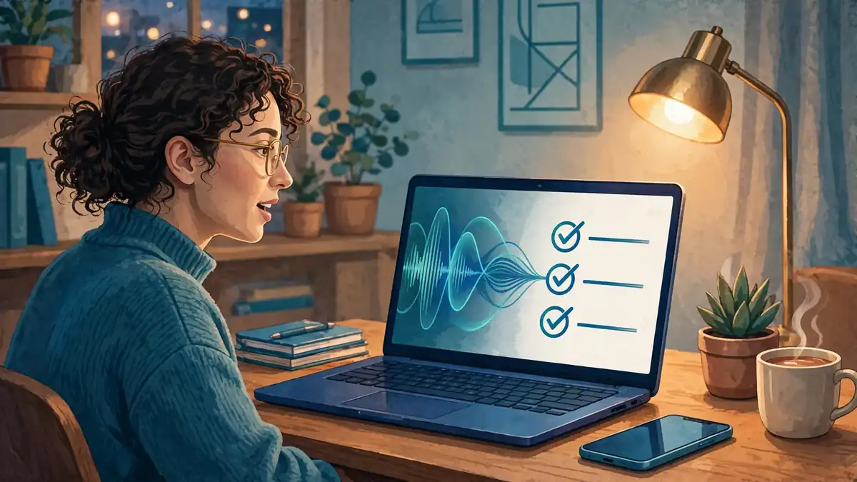 A person speaking to a laptop that turns speech into a structured checklist