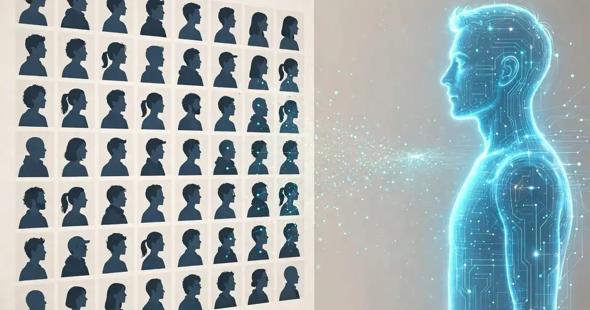 A wall of distinct customer portraits with a glowing twin figure beside them