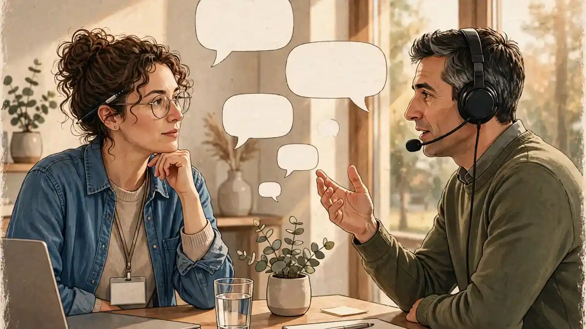 A researcher interviewing a customer, with quoted words floating between them