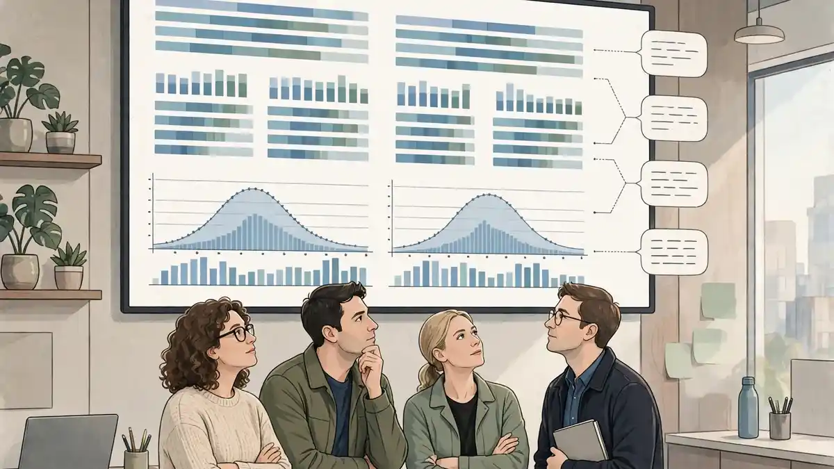 A product team reviewing audience response charts on a large screen