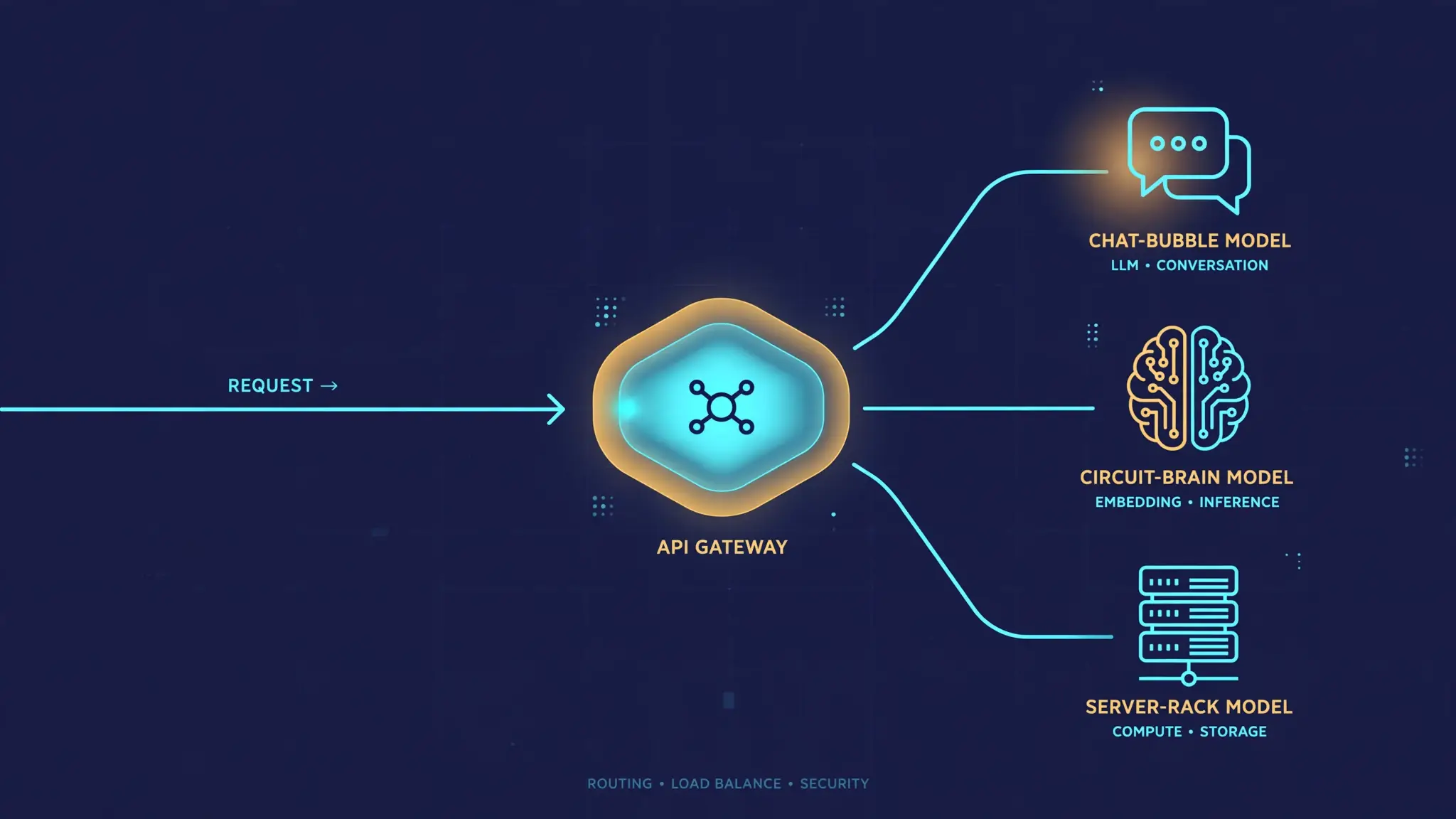 Editorial illustration: a glowing API gateway hub in the center routes one incoming request line out to three model provider nodes