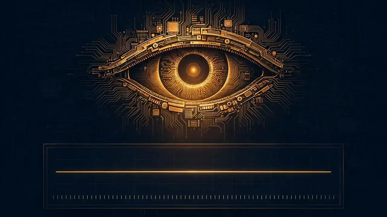 A giant watchdog eye made of glowing circuit traces hovering over a benchmark dashboard tracking a model's daily capability