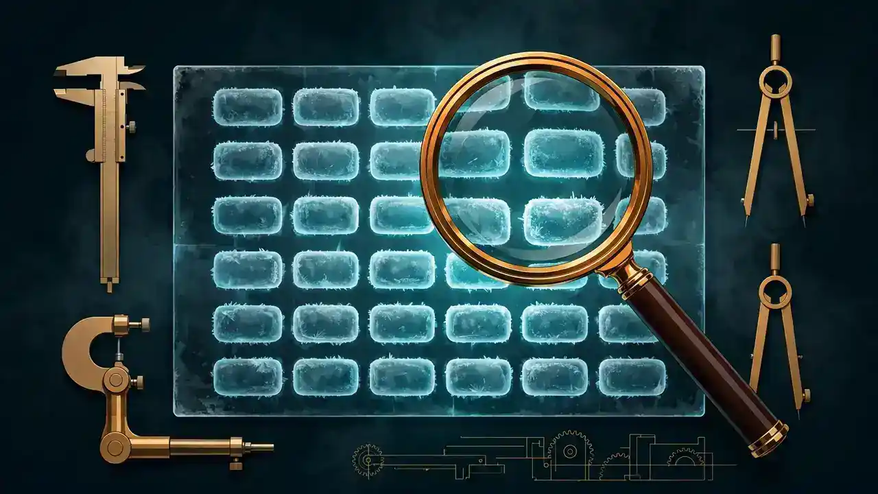 A magnifying glass inspecting a frozen panel of benchmark questions beside precision measuring instruments