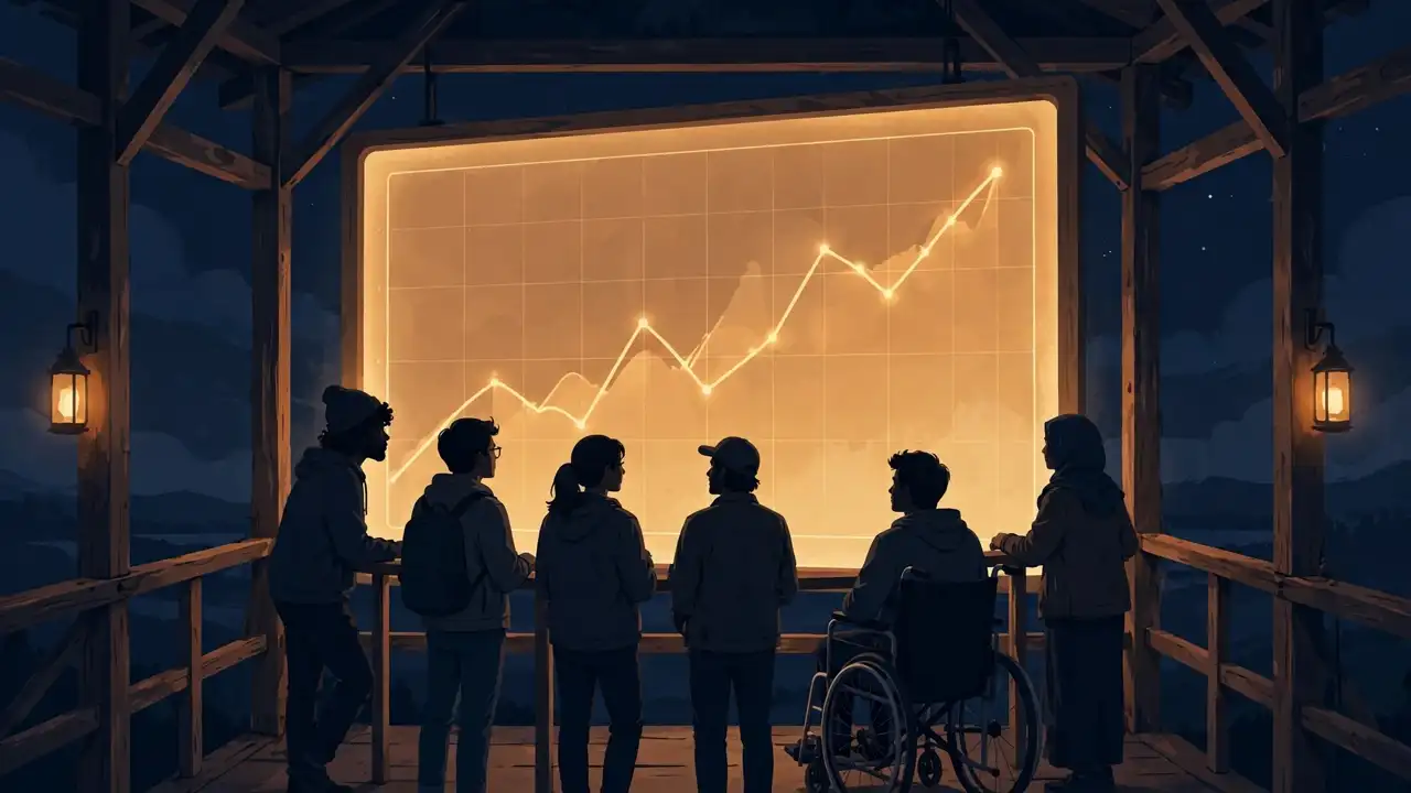 Silhouettes of open-source contributors gathered around a glowing chart tracking a model's daily performance